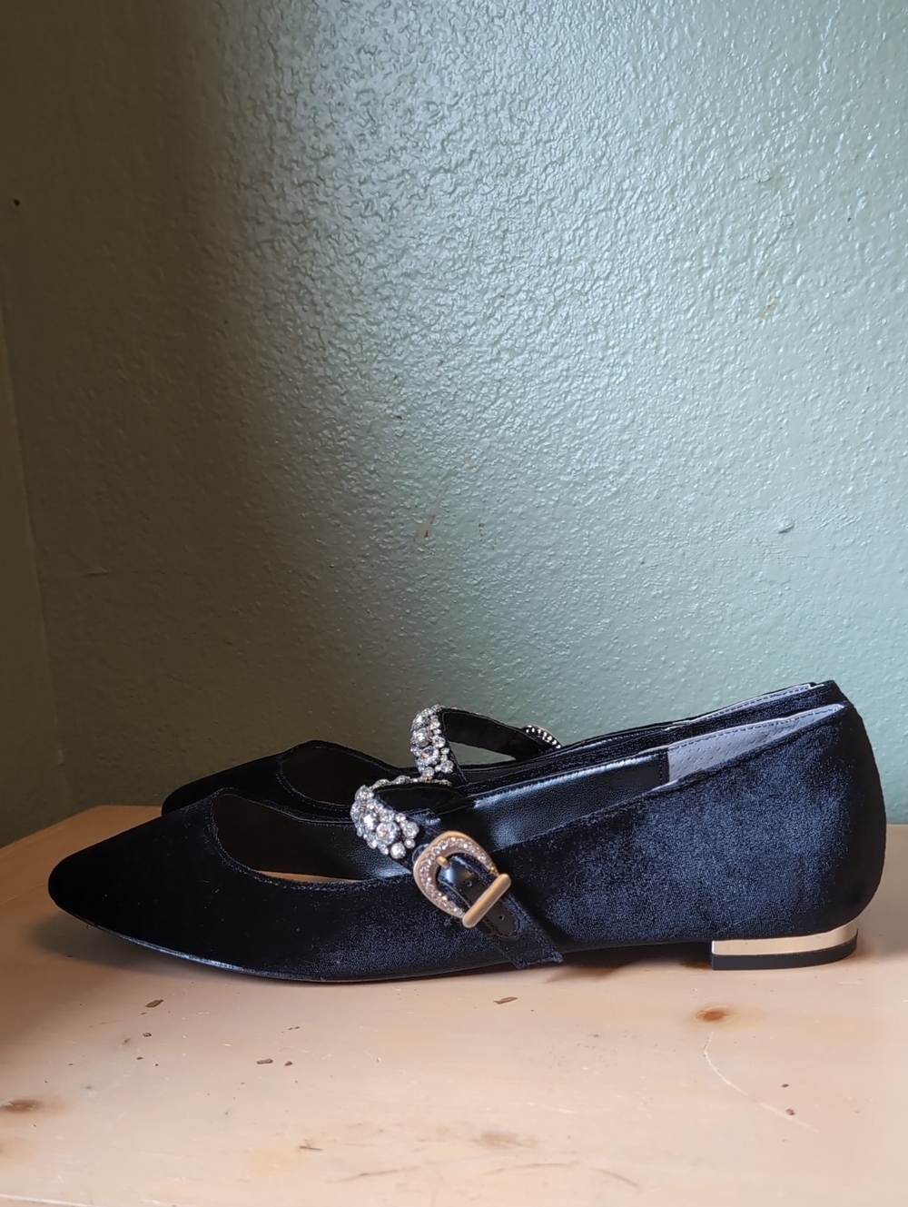 Adrienne Vittadini Aronni Black Velvet Crystal-Embellished Mary Jane Flats - Picture 7 of 9